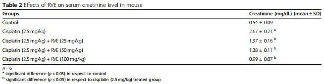 Table 2 Effects of RVE on serum creatinine level in mouse