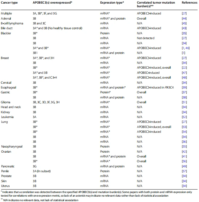 Table 1 Overexpression and correlation of APOBEC3s with mutation burden across cancers