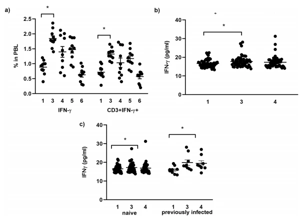 Figure 3. (a) Expression of IFN-γ in all and CD3+ T peripheral blood lymphocytes. Serum level of IFN-γ in the (b) whole analyzed group, (c) naïve and previously infected individuals. The results are presented as individual values with standard error of the mean (SEM). Differences between values were compared using Wilcoxon signed-rank test and the results were considered statistically significant if p<0.05. * p<0.05.